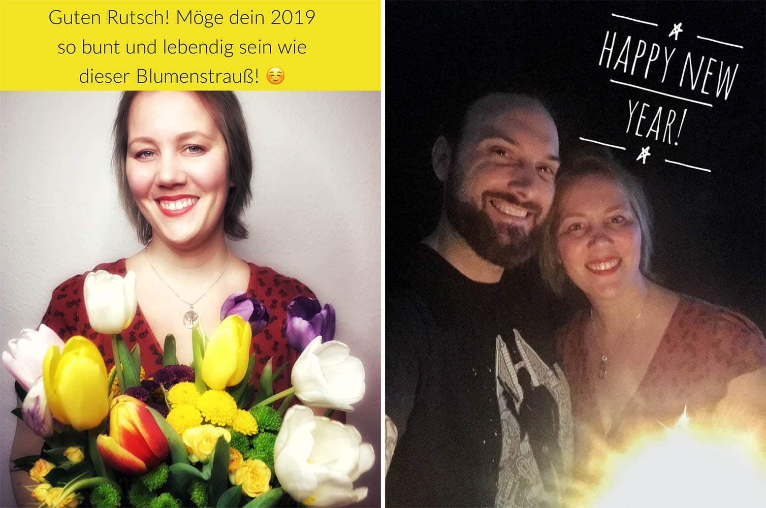 Christine und Timo Raab wünschen frohes neues Jahr mit Blumenstrauß und Wunderkerze