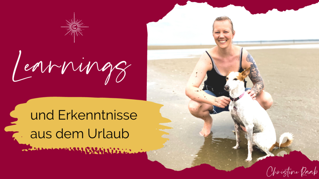 Beitragsbild für den Podcast Post mit dem Titel Learnings und Erkenntnisse aus dem Urlaub - man sieht Christine Raab mit ihrem Podenco Hund weiß mit braunen Flecken am Strand sitzen