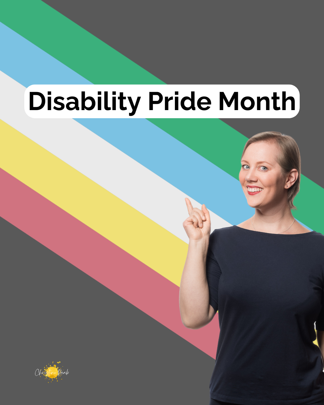 Disability Pride Month Flagge mit Querstreifen in rot, gelb, weiß, blau und grün auf schwarzem Hintergrund