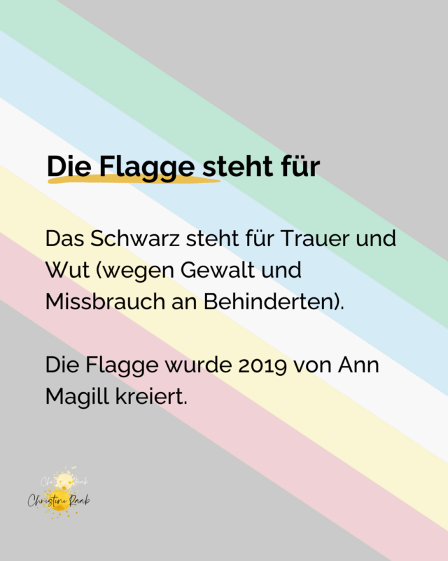 Disability Pride Flag mit Erklärung wofür die Farben stehen: Grün für Sinnesbehinderungen, Blau für psychische Erkrankungen, weß für unsichtbare oder undiagnostizierte Behinderungen, Gelb für Neurodiversität und Rot für Körperbehinderungen. Der schwarze Hintergrund steht für Trauer und Wut wegen Gewalt und Missbrauch an Behinderten.